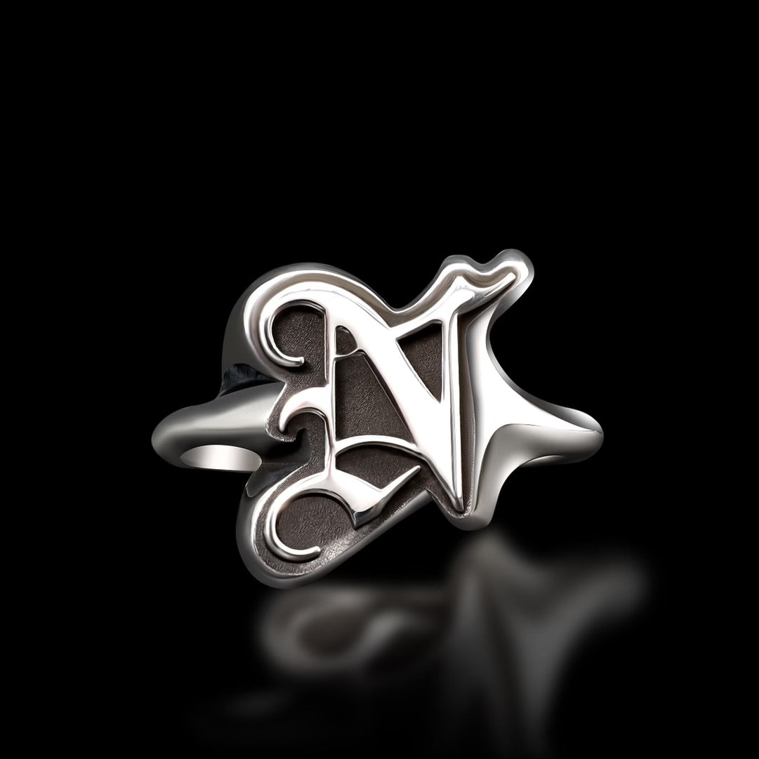Goth Letter Outline Signet Ring - Sterling Silver