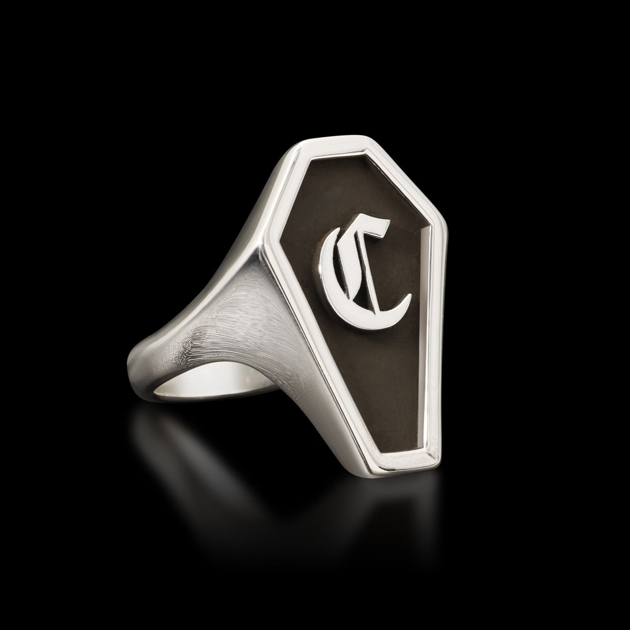 Goth Letter Coffin Signet Ring - Sterling Silver