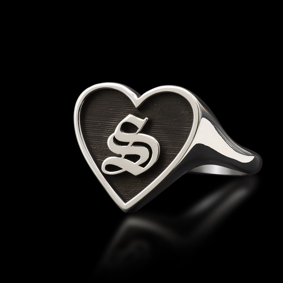 Goth Letter Heart Signet Ring - Sterling Silver