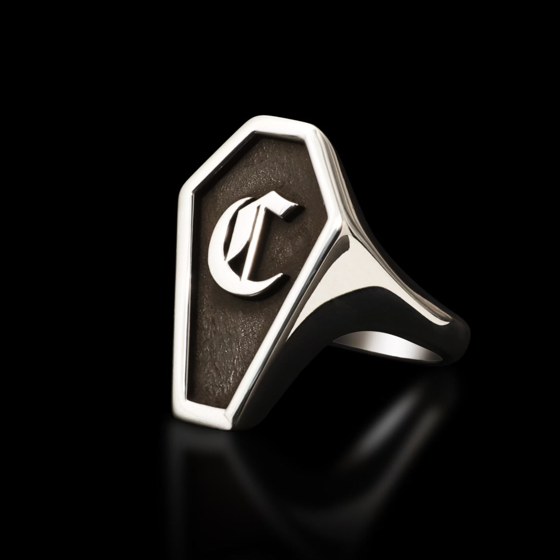 Goth Letter Coffin Signet Ring - Sterling Silver