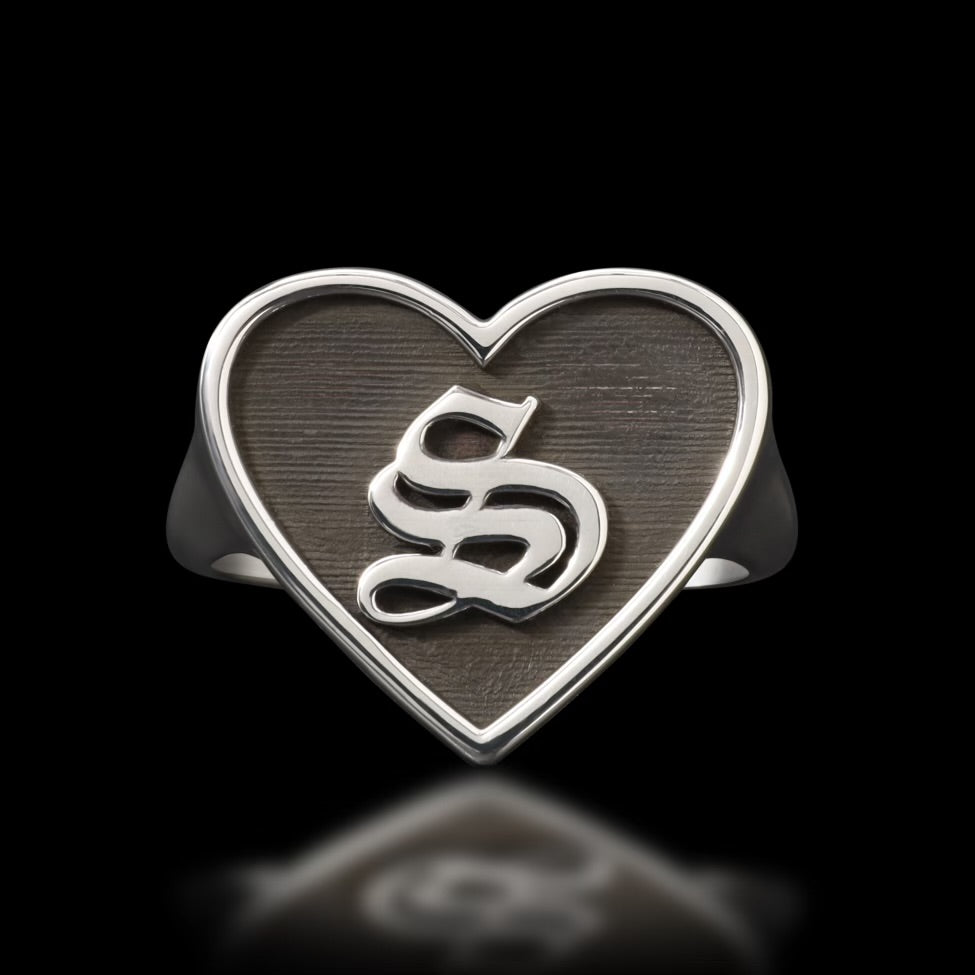 Goth Letter Heart Signet Ring - Sterling Silver