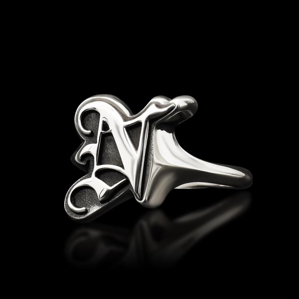 Goth Letter Outline Signet Ring - Sterling Silver