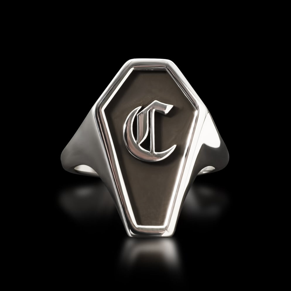 Goth Letter Coffin Signet Ring - Sterling Silver