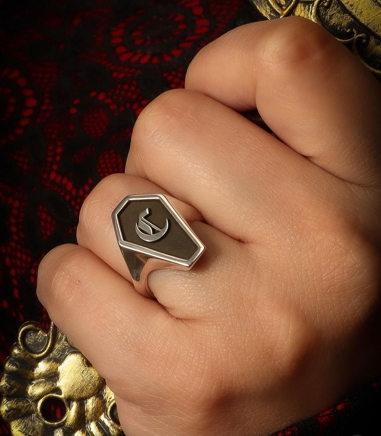 Goth Letter Coffin Signet Ring - Sterling Silver